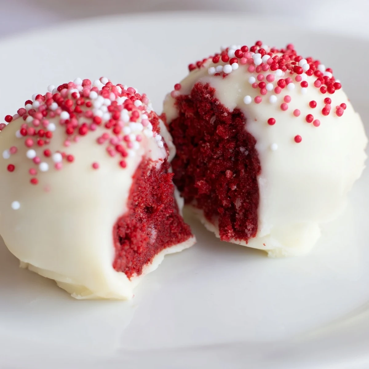 Hand-rolled red velvet cake truffles drizzled with white chocolate and festive red sprinkles