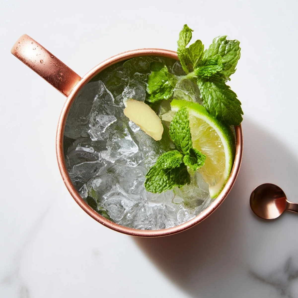Golden virgin Moscow Mule in copper mug with ice, fresh lime wedge, and mint sprig garnish