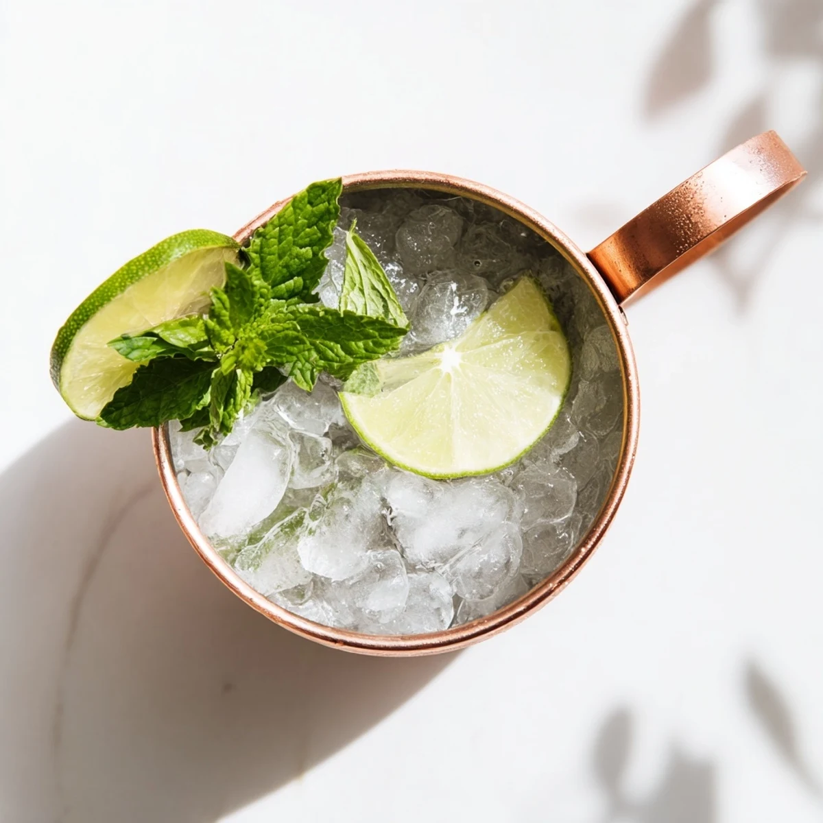 Crisp virgin Moscow Mule poured over ice in copper mug, topped with zesty lime wheel garnish