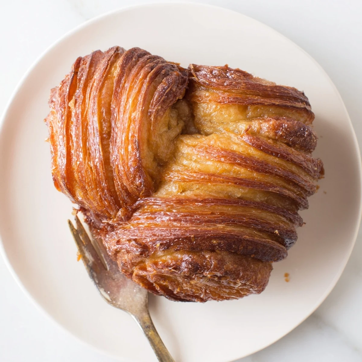 Freshly baked Kouign Amann revealing tender sugared interior beneath crisp caramelized exterior
