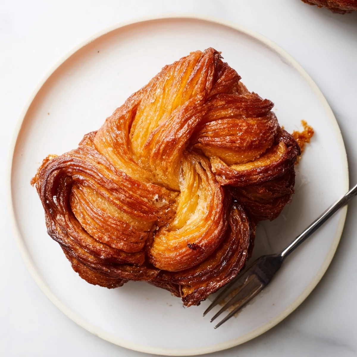 Golden caramelized Kouign Amann pastry with deep amber crust and buttery flaky layers