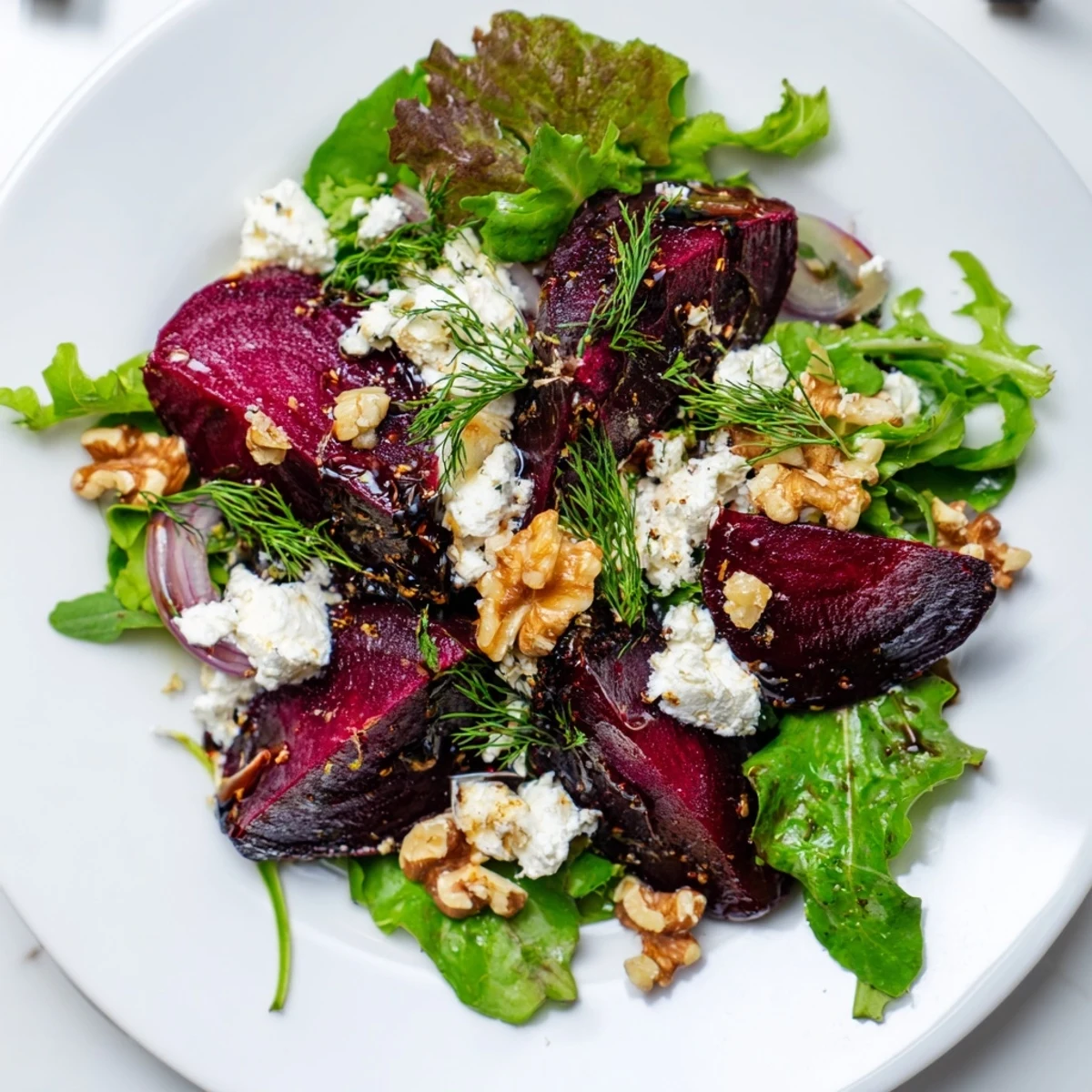 Vibrant ultimate beet salad featuring tender beets over arugula with balsamic vinaigrette and fresh herbs