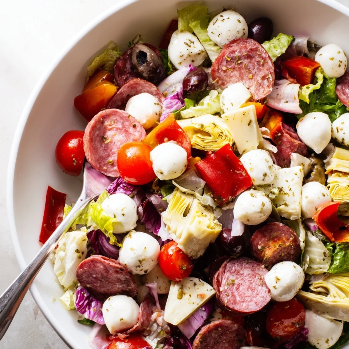 Colorful antipasti chopped salad bowl with fresh vegetables, olives, mozzarella, and Italian meats
