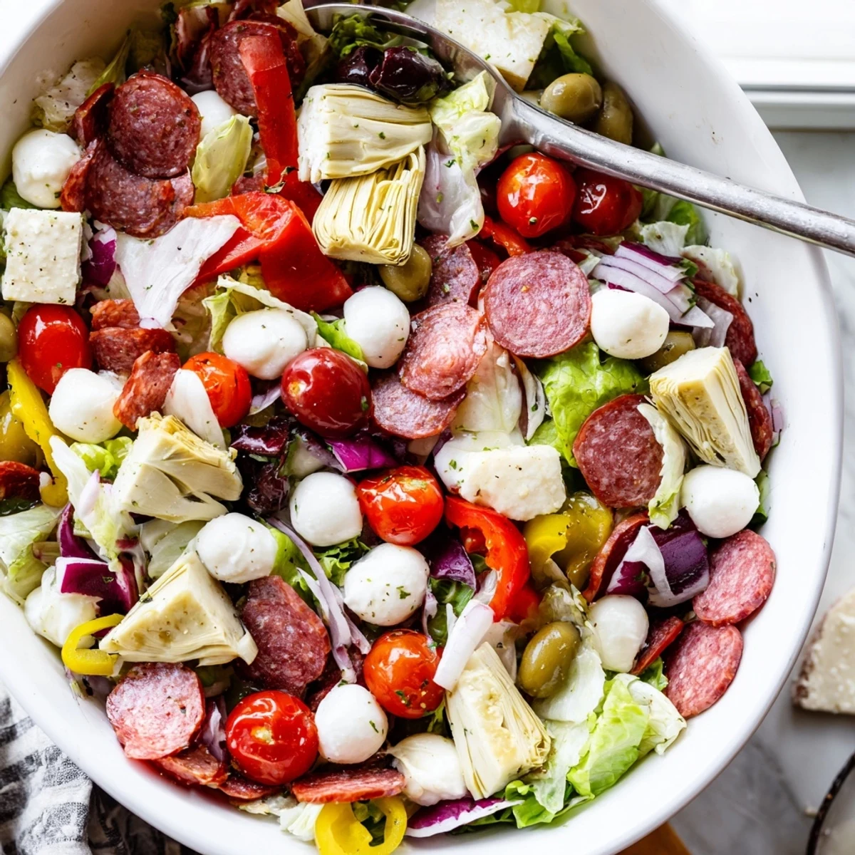 Vibrant antipasti chopped salad displaying cured meats, cheese, vegetables, and zesty vinaigrette