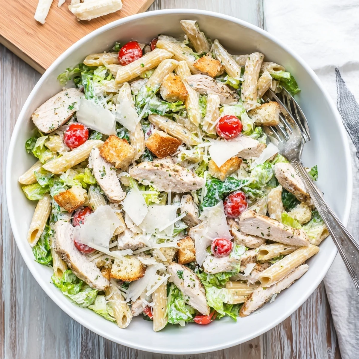 Creamy chicken Caesar pasta salad tossed with parmesan cheese, cherry tomatoes, and homemade dressing on a rustic wooden table