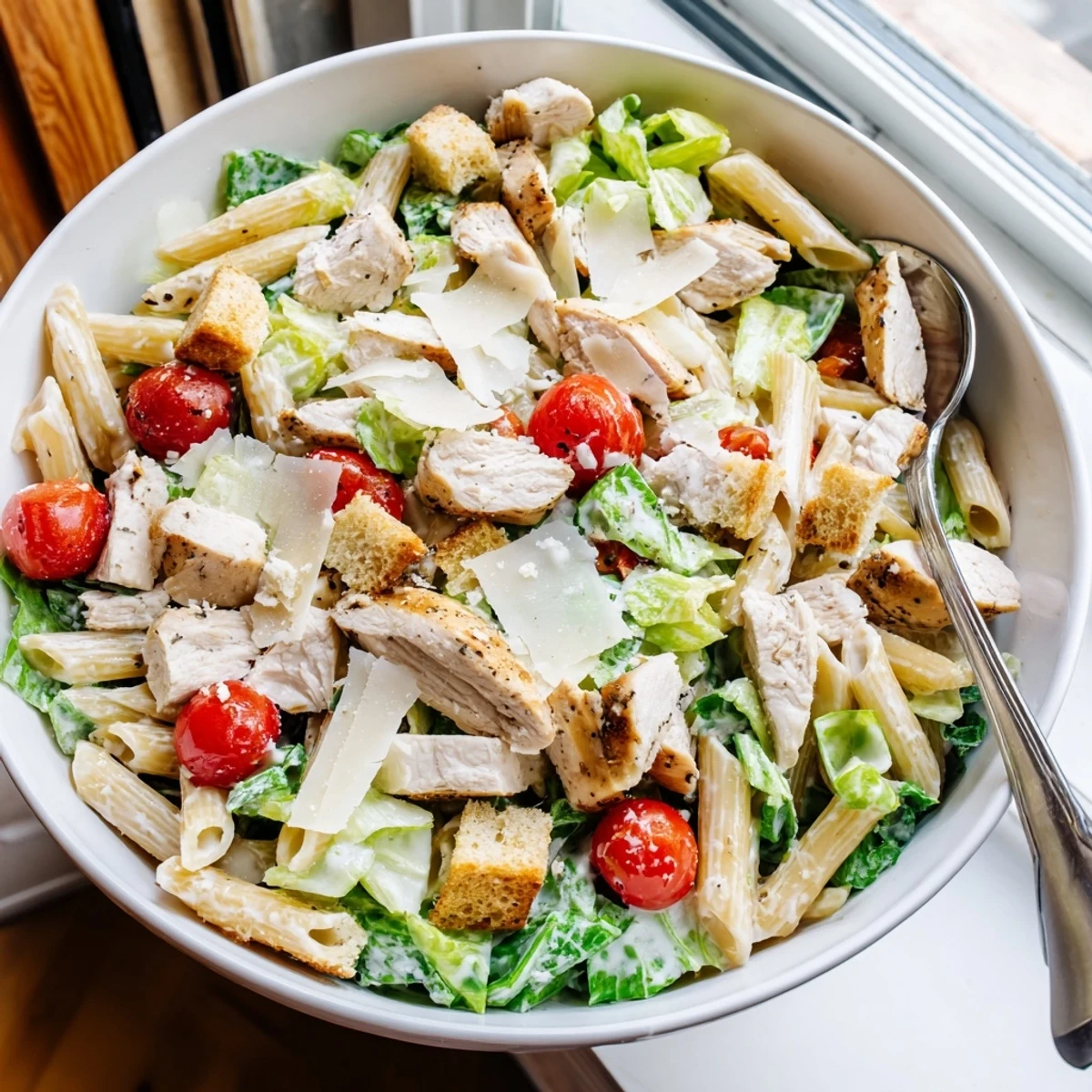Golden chicken Caesar pasta salad with grilled chicken strips, crisp romaine, and savory croutons in a white bowl