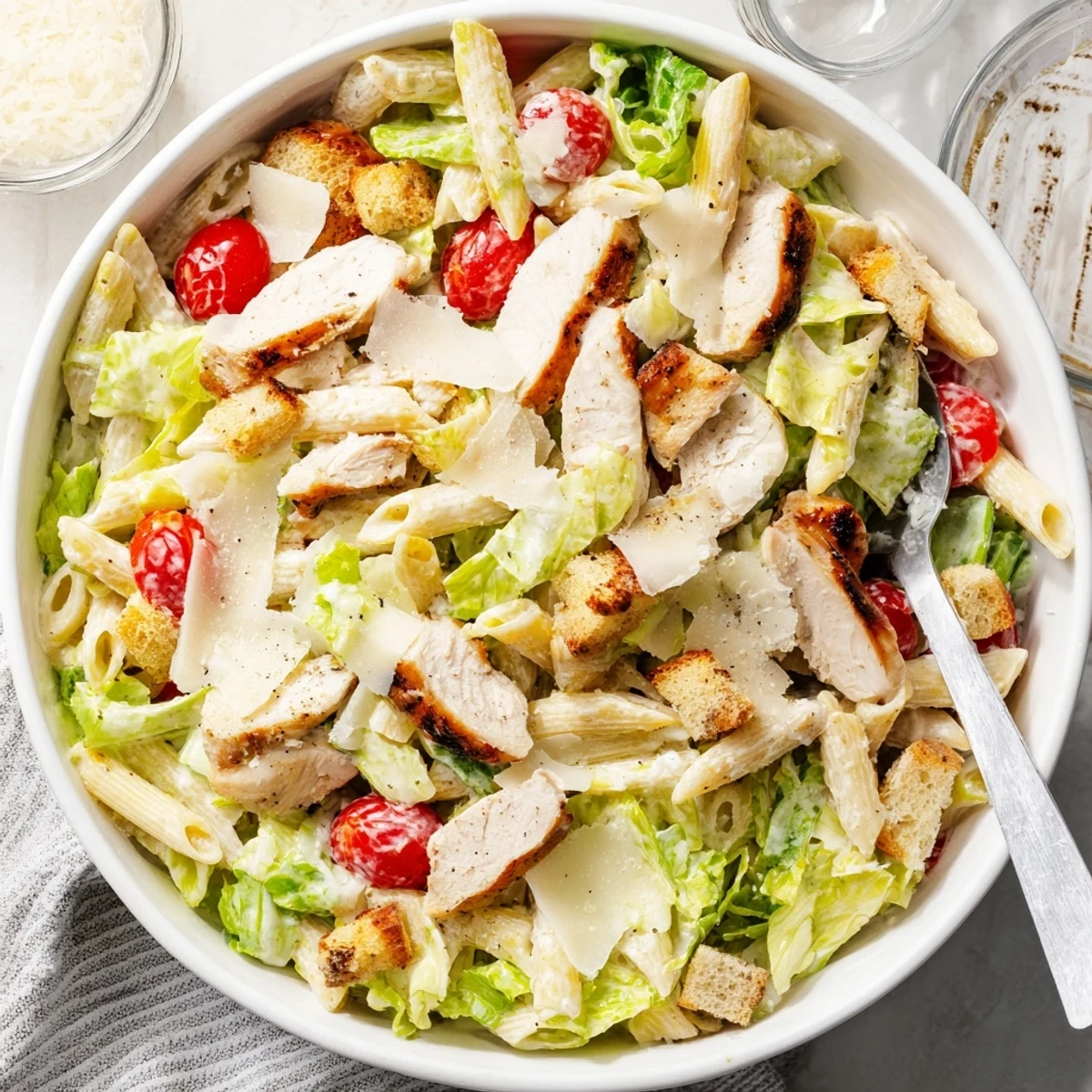 Sliced grilled chicken over al dente pasta Caesar salad with romaine lettuce, shaved parmesan, and golden croutons garnish