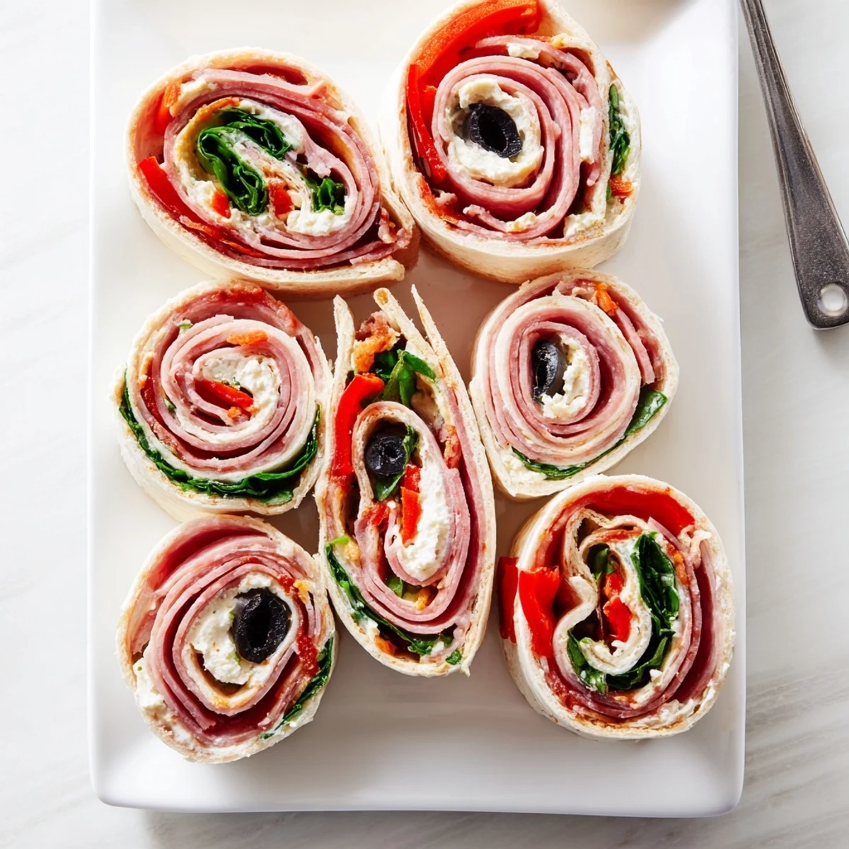 Spiraled Italian pinwheel sandwiches stuffed with salami, pepperoni, ham, provolone cheese, and roasted red peppers on a white serving platter