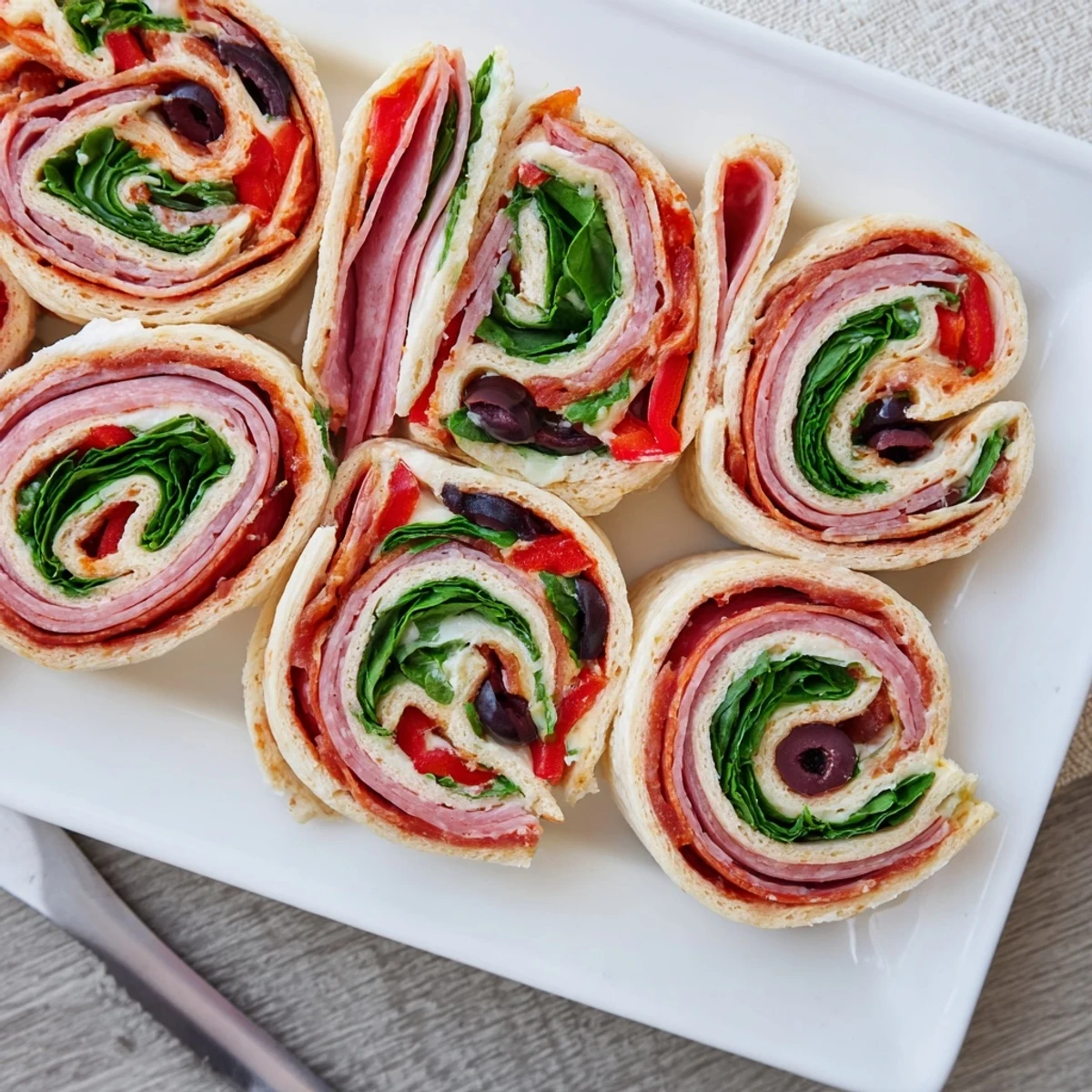 Close-up of sliced Italian pinwheel sandwiches showing colorful layers of spinach, black olives, and deli meats rolled in soft flour tortillas