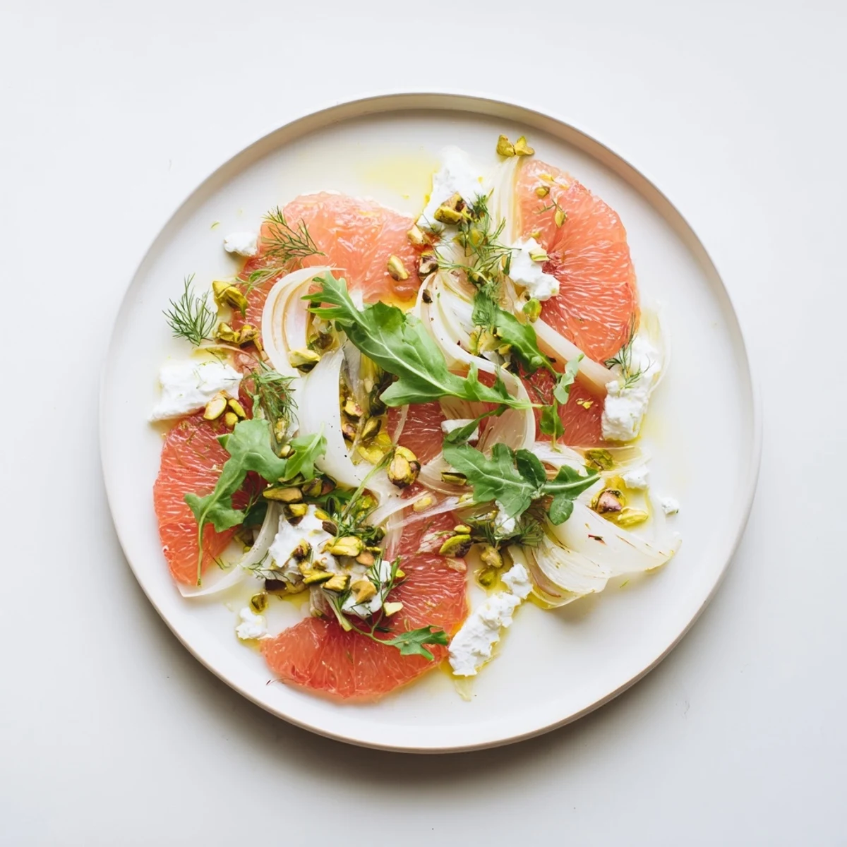 Vibrant Grapefruit, Goat Cheese & Fennel Salad featuring shaved fennel, pink grapefruit, and creamy goat cheese garnish