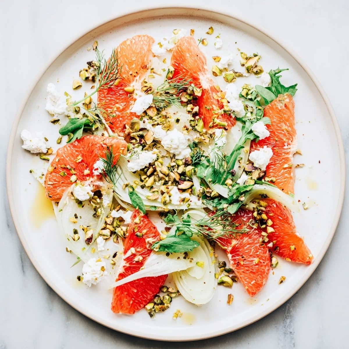 Light Grapefruit, Goat Cheese & Fennel Salad drizzled with honey lemon dressing and toasted pistachios on a white platter