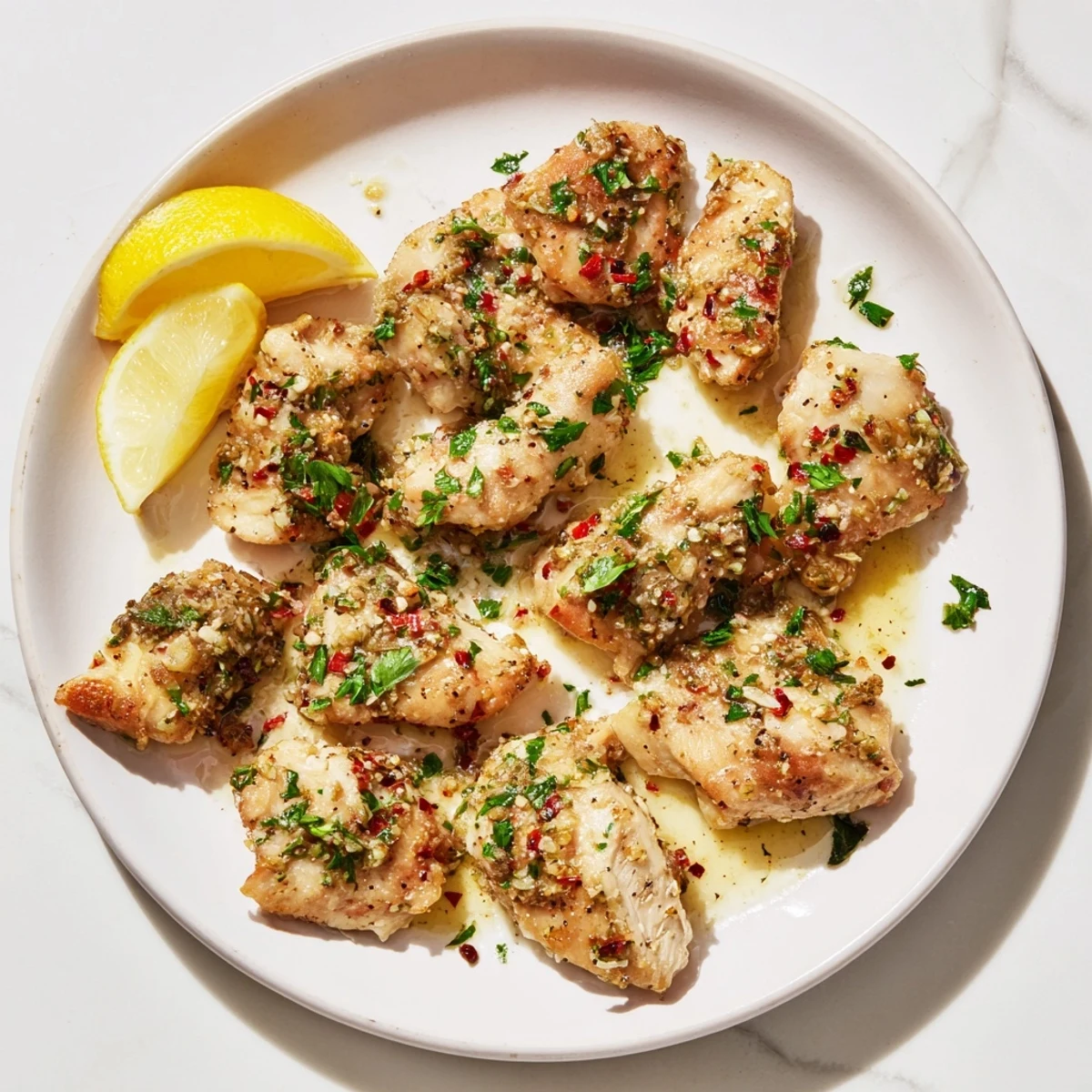 Golden brown garlic butter chicken bites sizzling in a rich buttery sauce with fresh parsley garnish