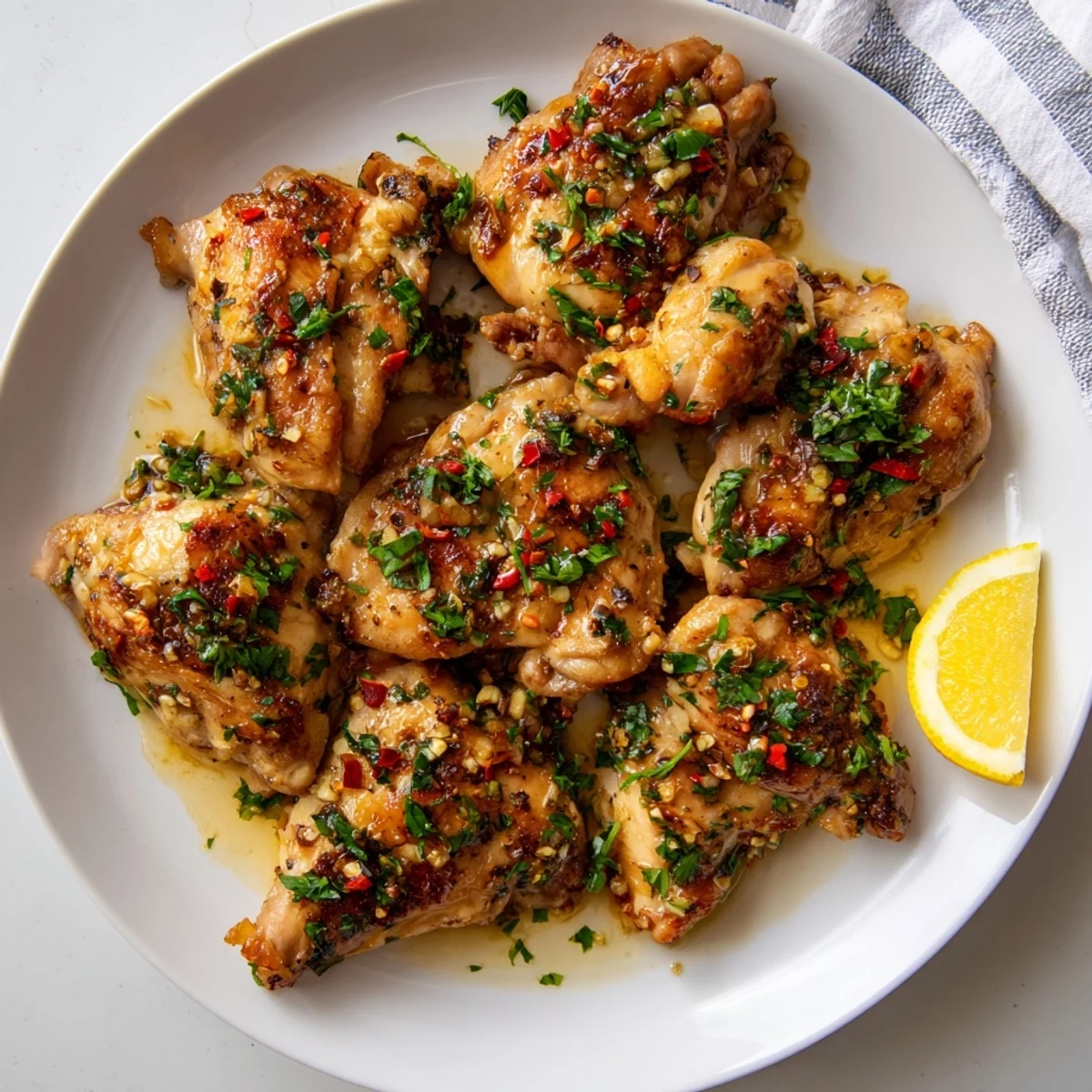 Tender seared chicken pieces coated in aromatic garlic butter sauce served with lemon wedges on a white plate