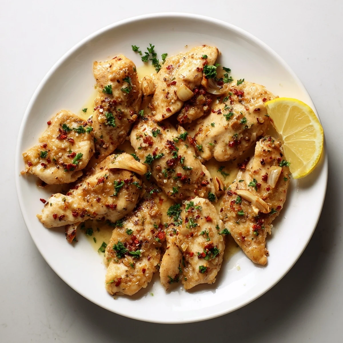 Juicy golden chicken bites tossed in melted garlic butter and red pepper flakes with fresh herbs sprinkled on top