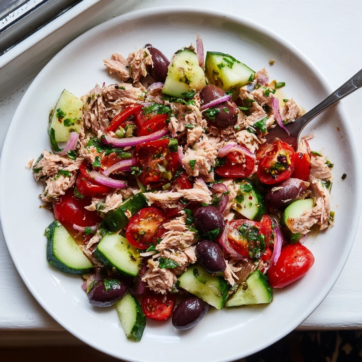 Flaky tuna mixed with crisp cucumbers, cherry tomatoes, and Kalamata olives in zesty dressing