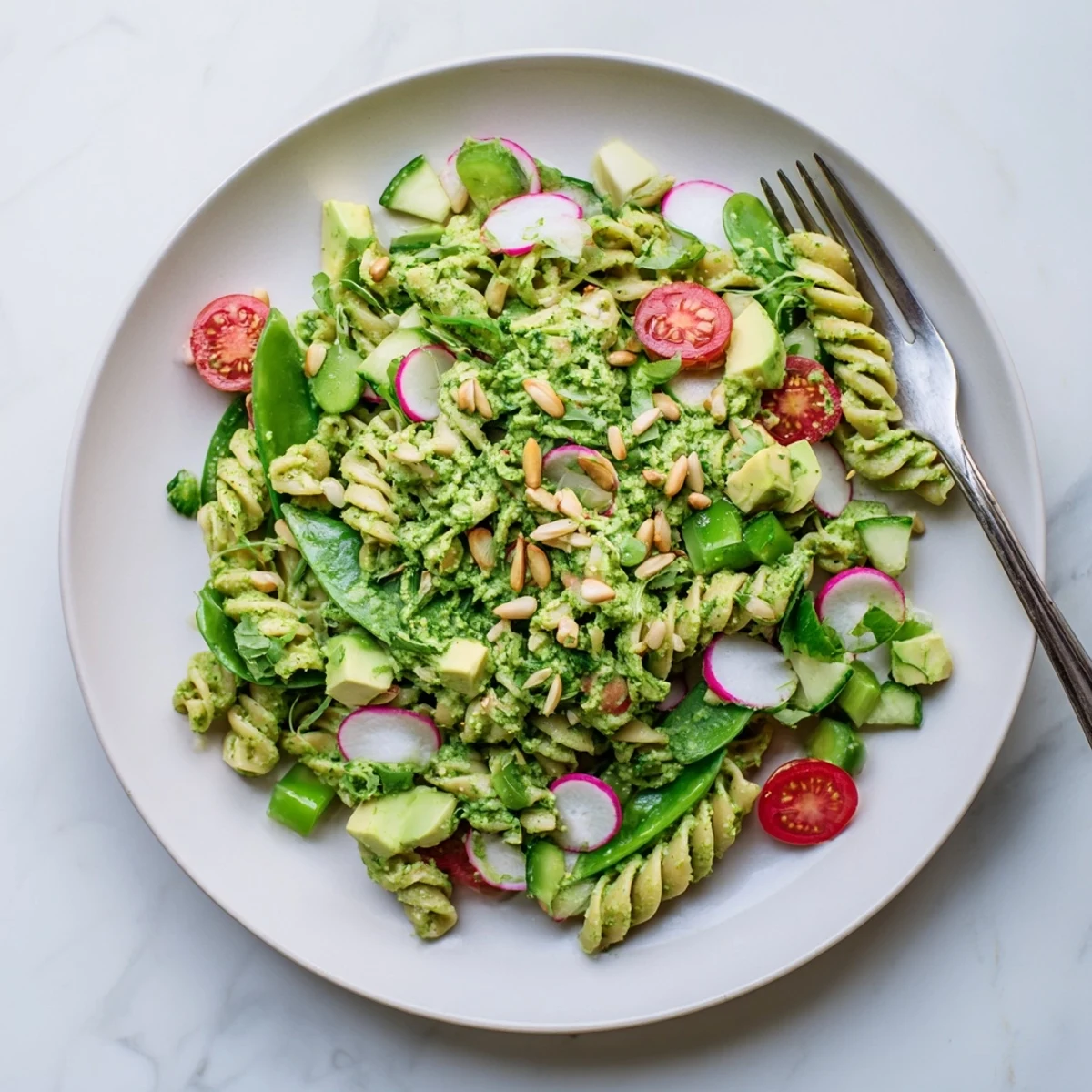 Colorful Green Goddess pasta salad featuring fusilli with cherry tomatoes, cucumber, snap peas, and creamy herb dressing in a white serving bowl