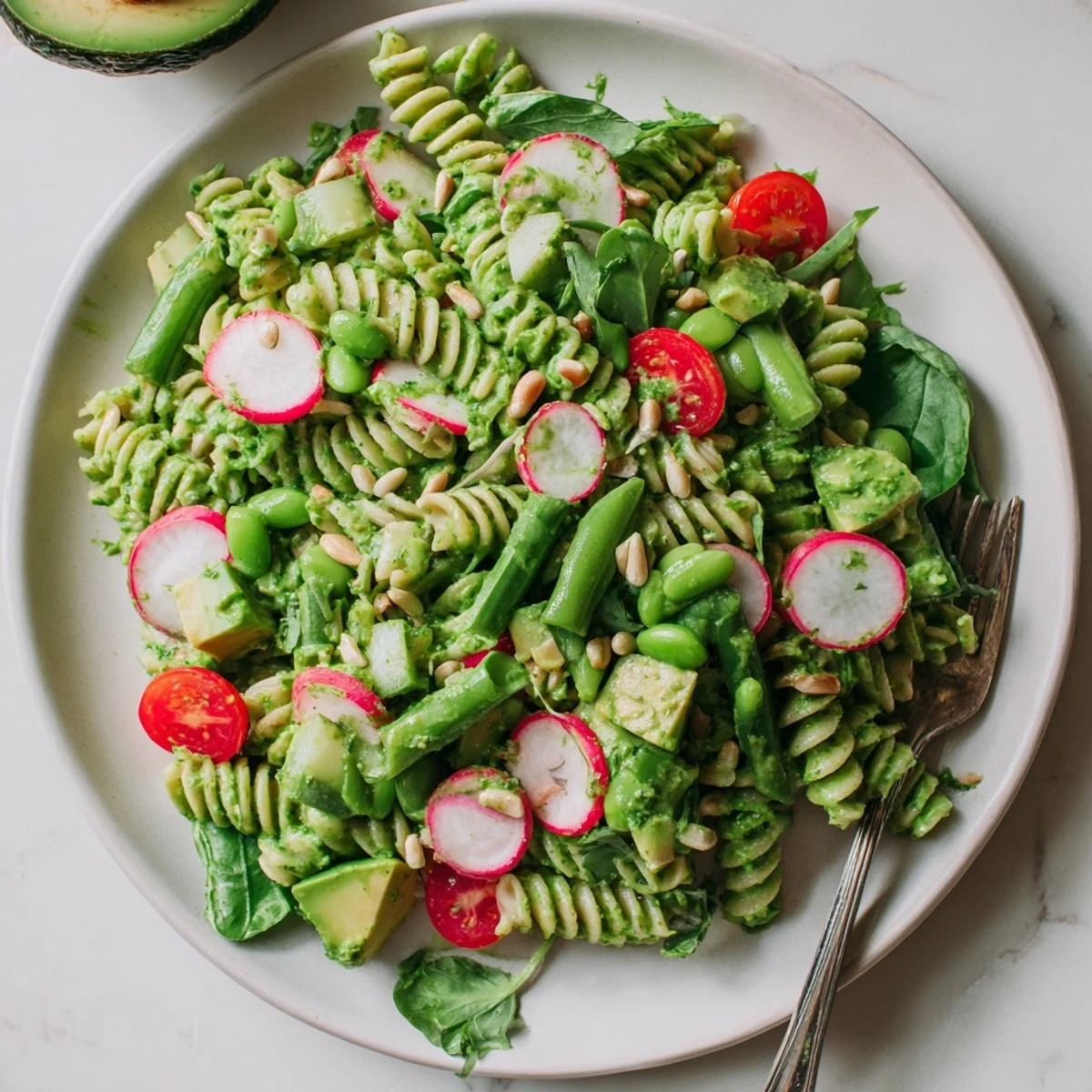 Creamy Green Goddess pasta salad tossed with crisp vegetables and fresh green herbs, topped with diced avocado for a refreshing summer meal