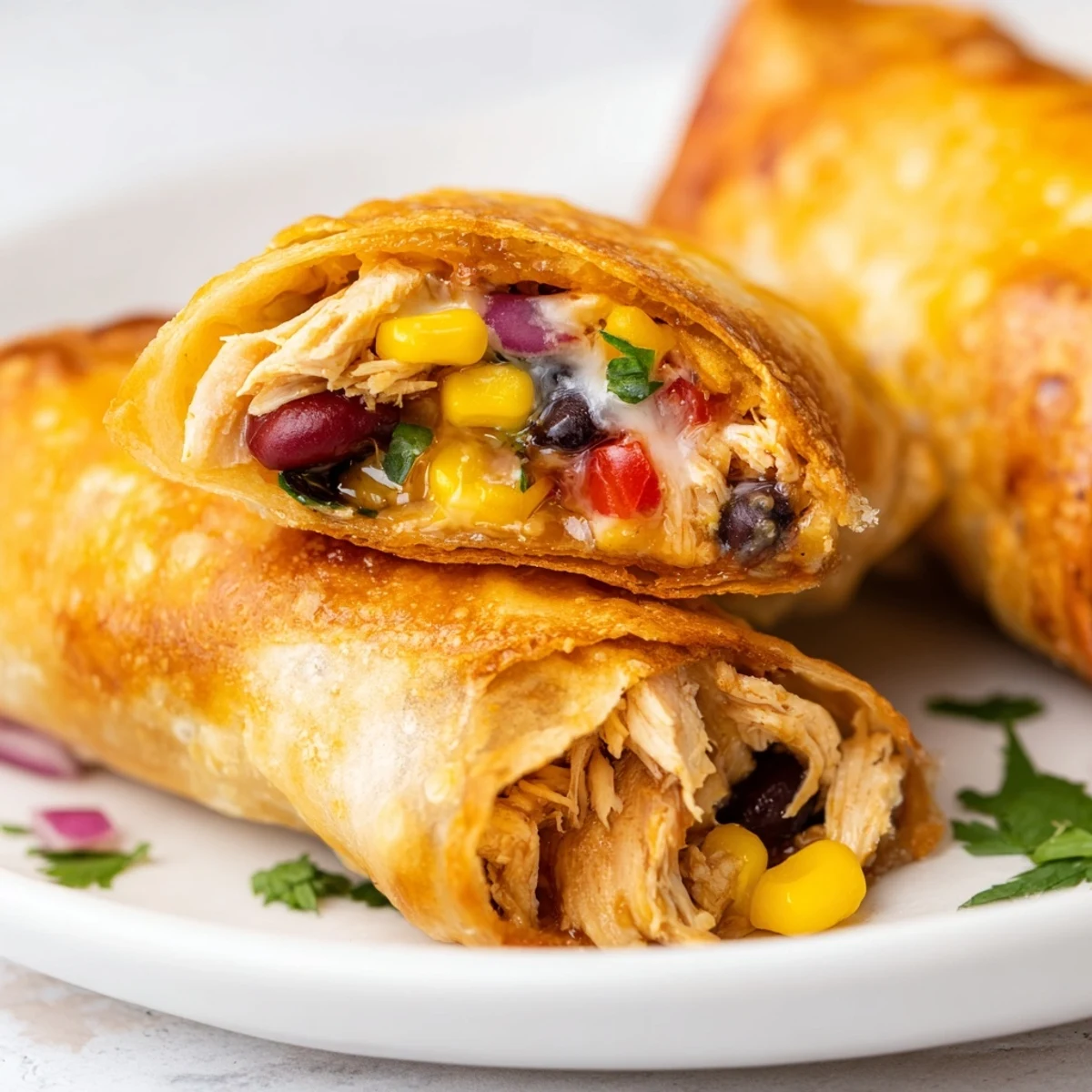Golden Southwest egg rolls with a spicy chicken and black bean filling, served on a white plate