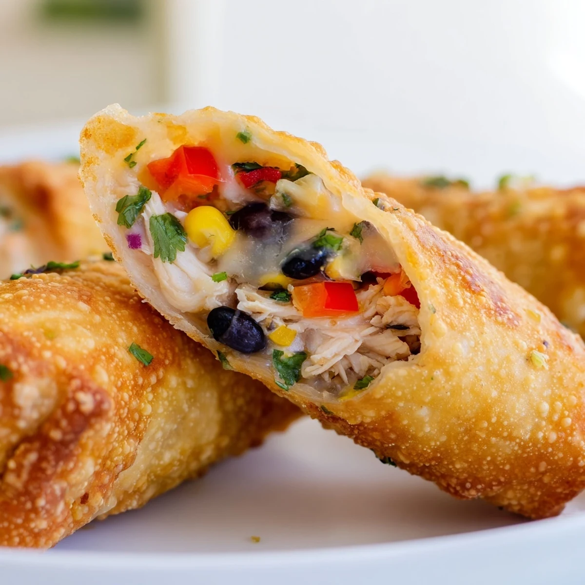 Homemade Southwest egg rolls cut in half revealing colorful chicken bean and corn filling inside