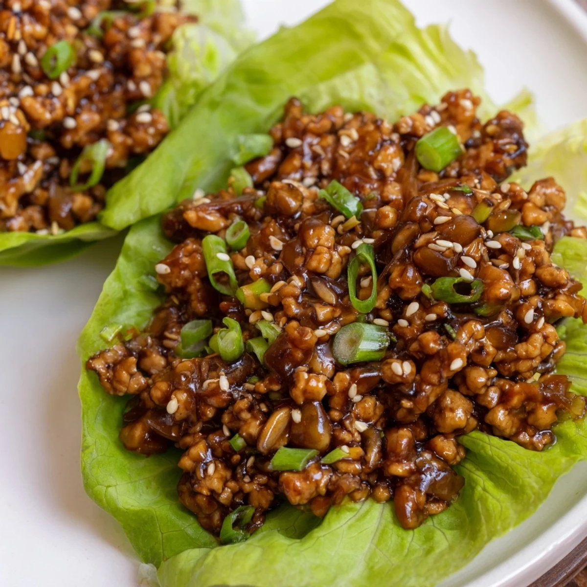 Savory easy chicken lettuce wraps garnished with fresh green onions and toasted sesame seeds on white plate
