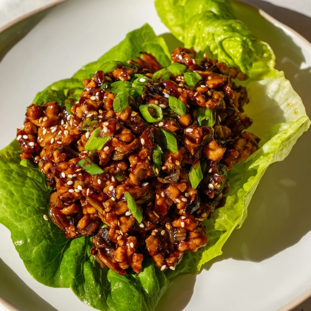 Asian-inspired easy chicken lettuce wraps featuring glossy hoisin glazed filling nestled in green lettuce leaves