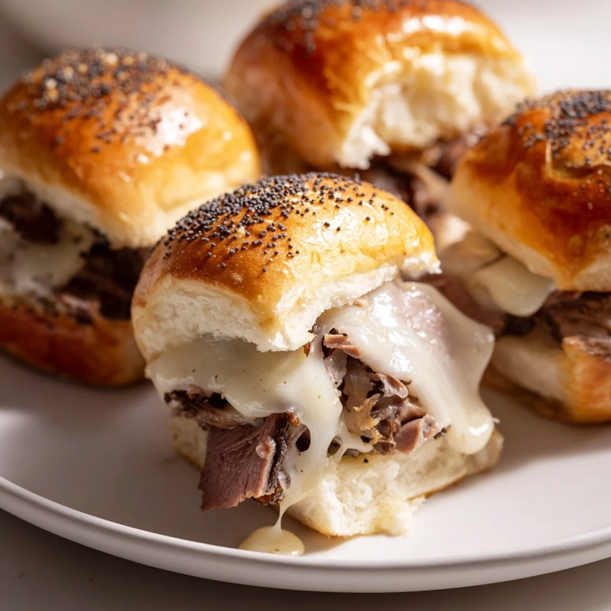 Golden French dip sliders stacked with roast beef and caramelized onions on a baking sheet