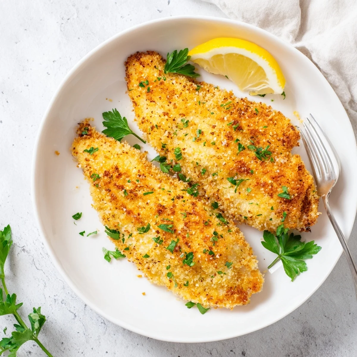 Golden tilapia crispy in the air fryer with a crunchy parmesan panko coating and fresh parsley garnish