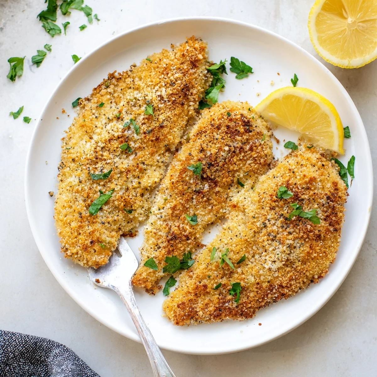 Flaky tilapia fillets breaded and air fried until golden brown, garnished with chopped parsley and lemon