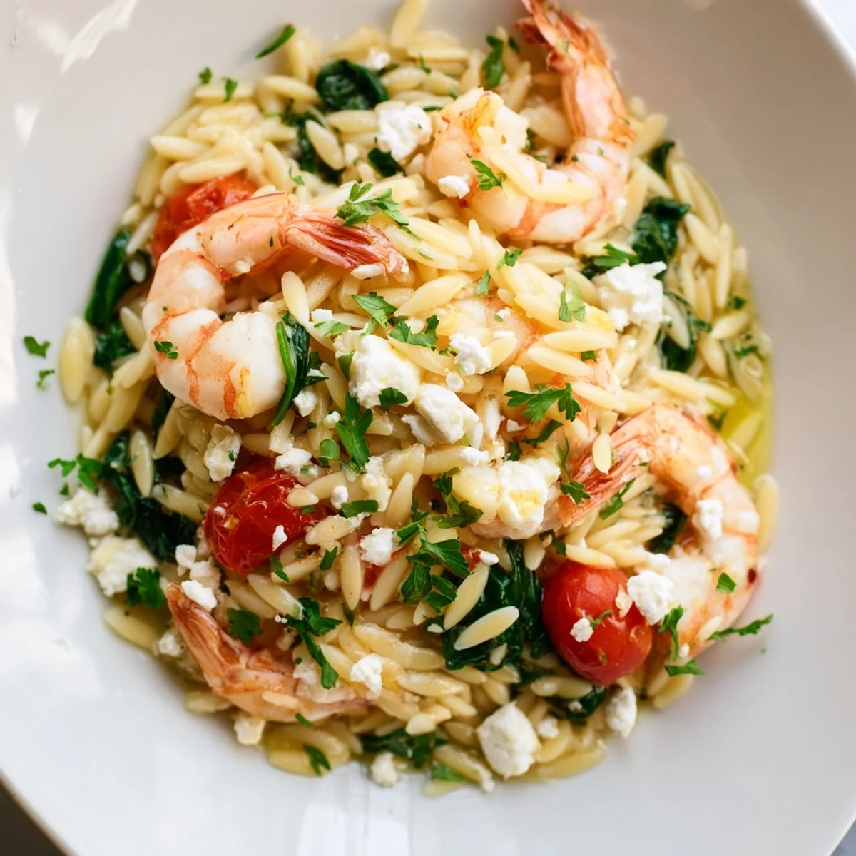 Close-up of lemon feta orzo shrimp with tender pasta, pink shrimp, and vibrant cherry tomatoes