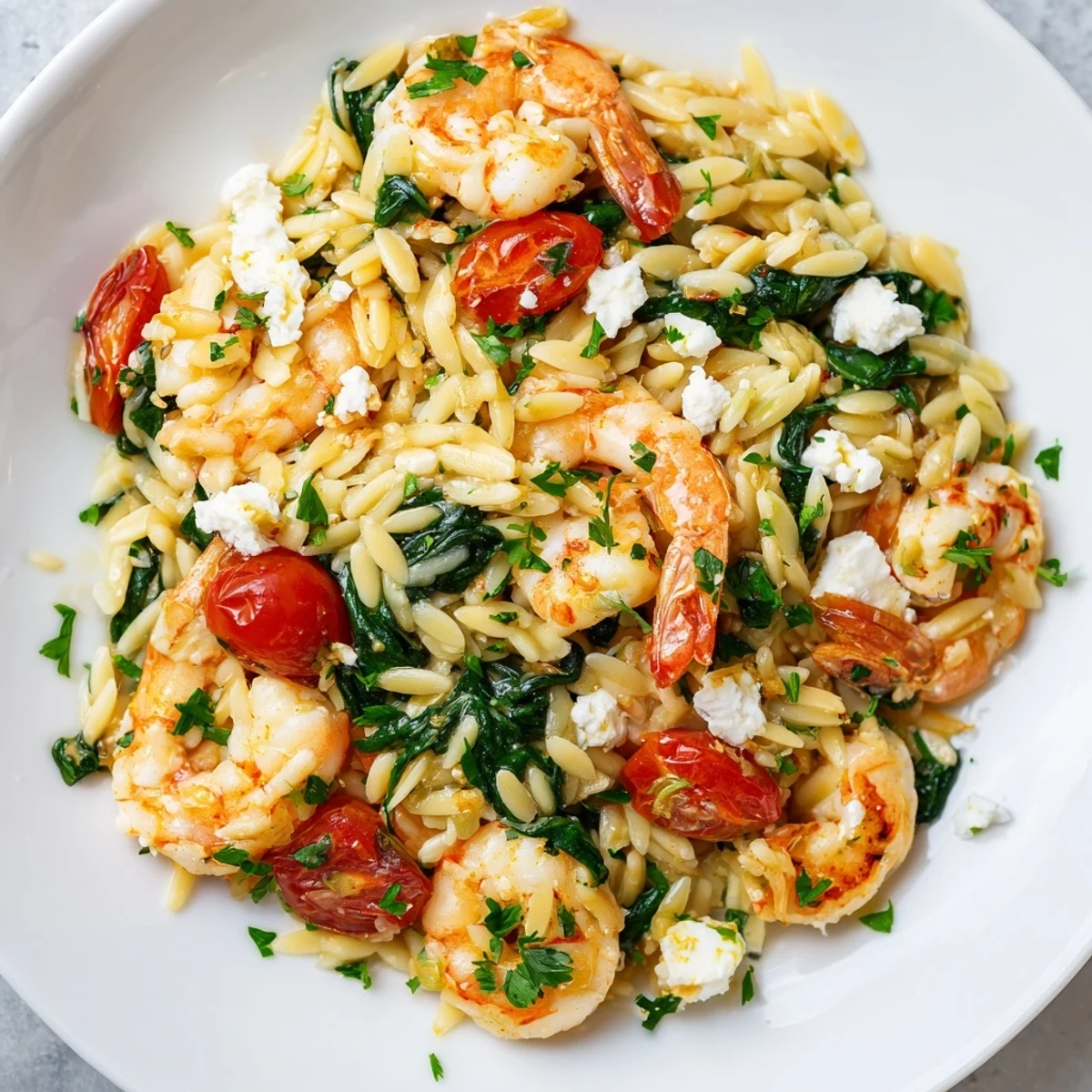 Golden shrimp pasta dish with bright lemon, crumbled feta, and fresh spinach in a shallow white bowl