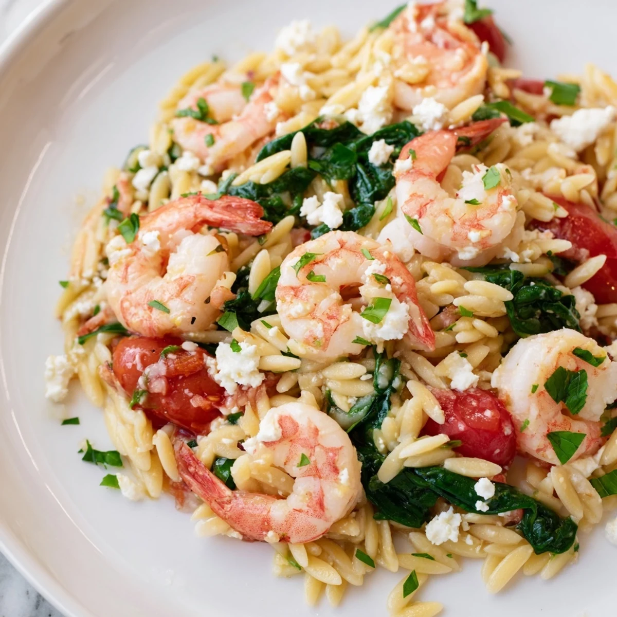 Mediterranean-style shrimp orzo plated with zesty lemon herbs, creamy feta crumbles, and wilted green spinach