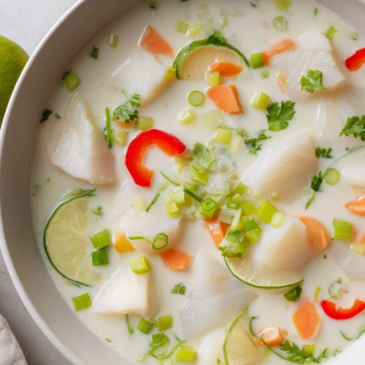 Steaming bowl of coconut lime fish soup showcasing tender white fish pieces and vibrant red bell pepper slices