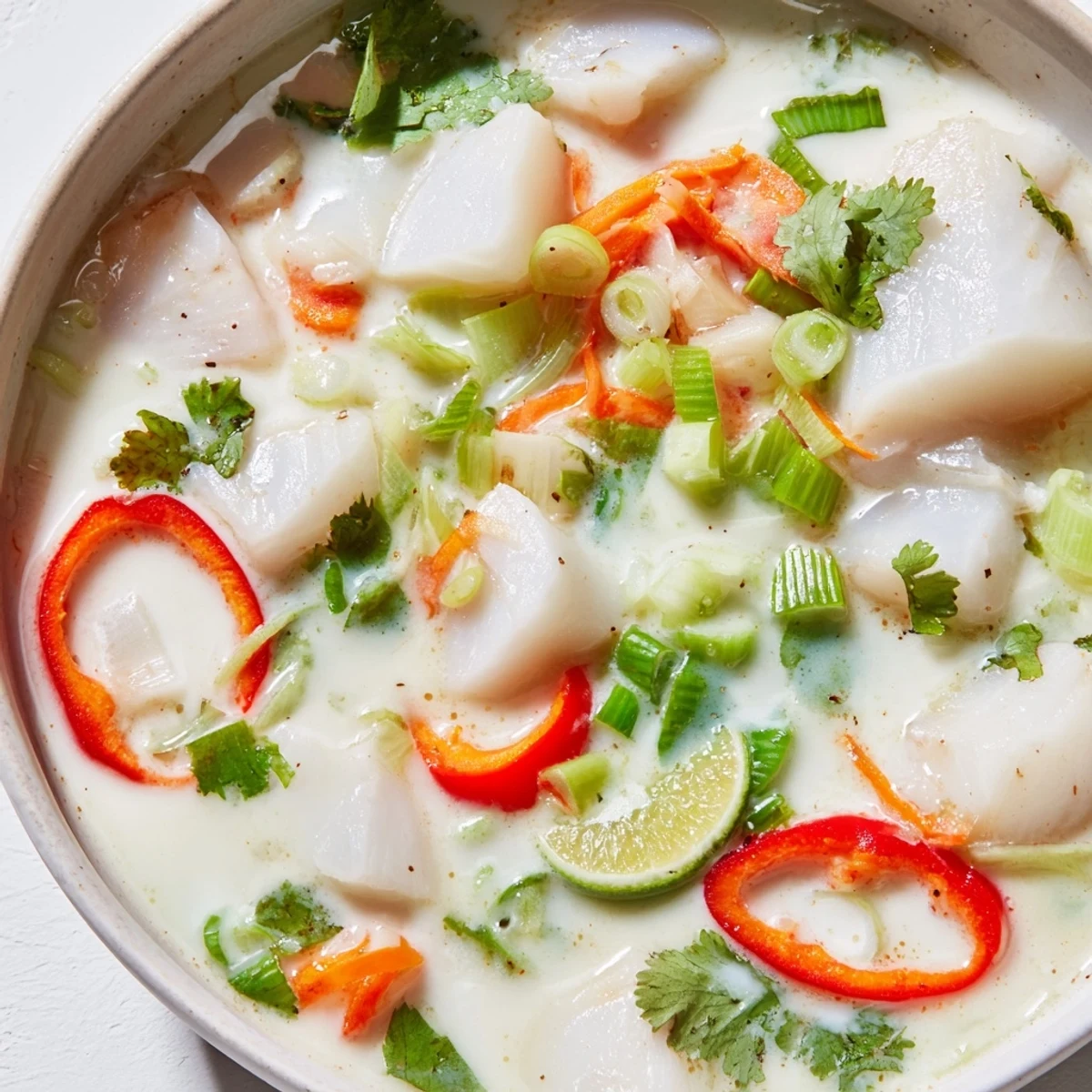 Golden creamy coconut lime fish soup garnished with fresh green onions and cilantro in a white bowl