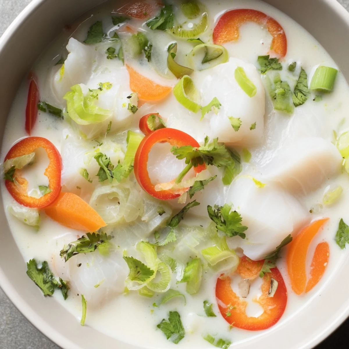 Rustic wooden table setting featuring coconut lime fish soup with colorful vegetable chunks and fresh herb garnish