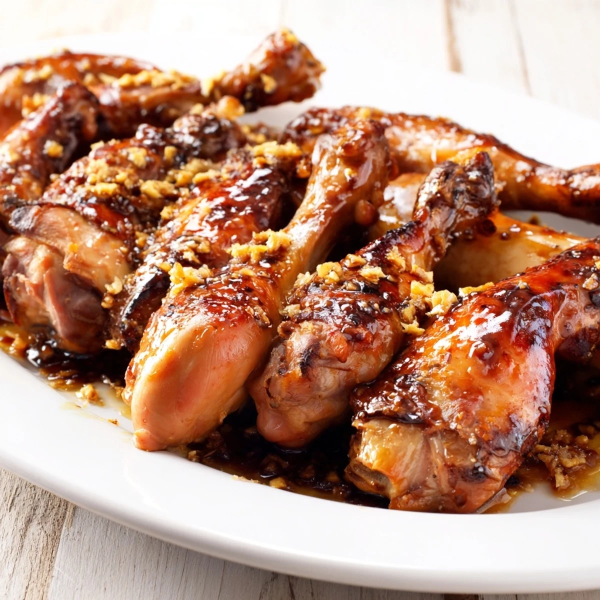 Tender marinated chicken thighs baked until sticky and golden with ginger soy sauce
