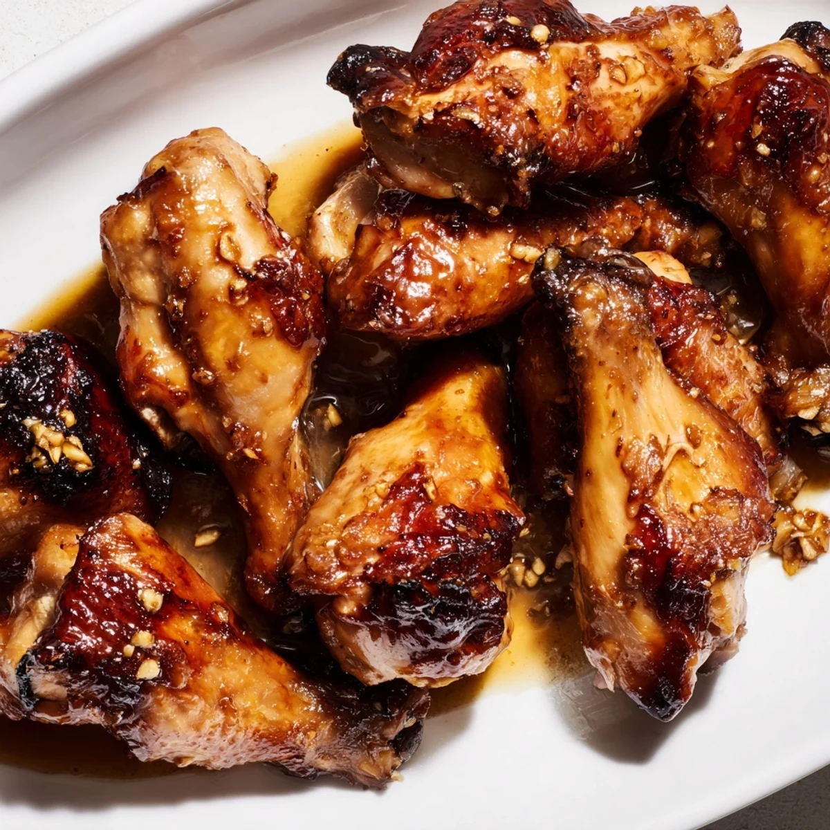 Succulent roasted chicken coated in aromatic garlic ginger honey marinade on serving platter