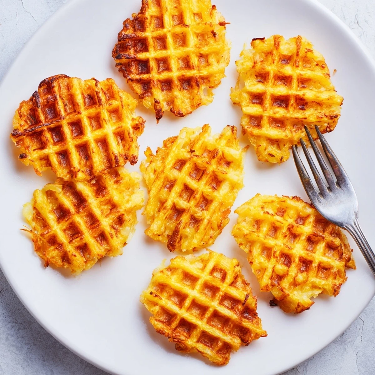 Golden waffle iron hashbrowns with deep crispy ridges and buttery edges on a white plate