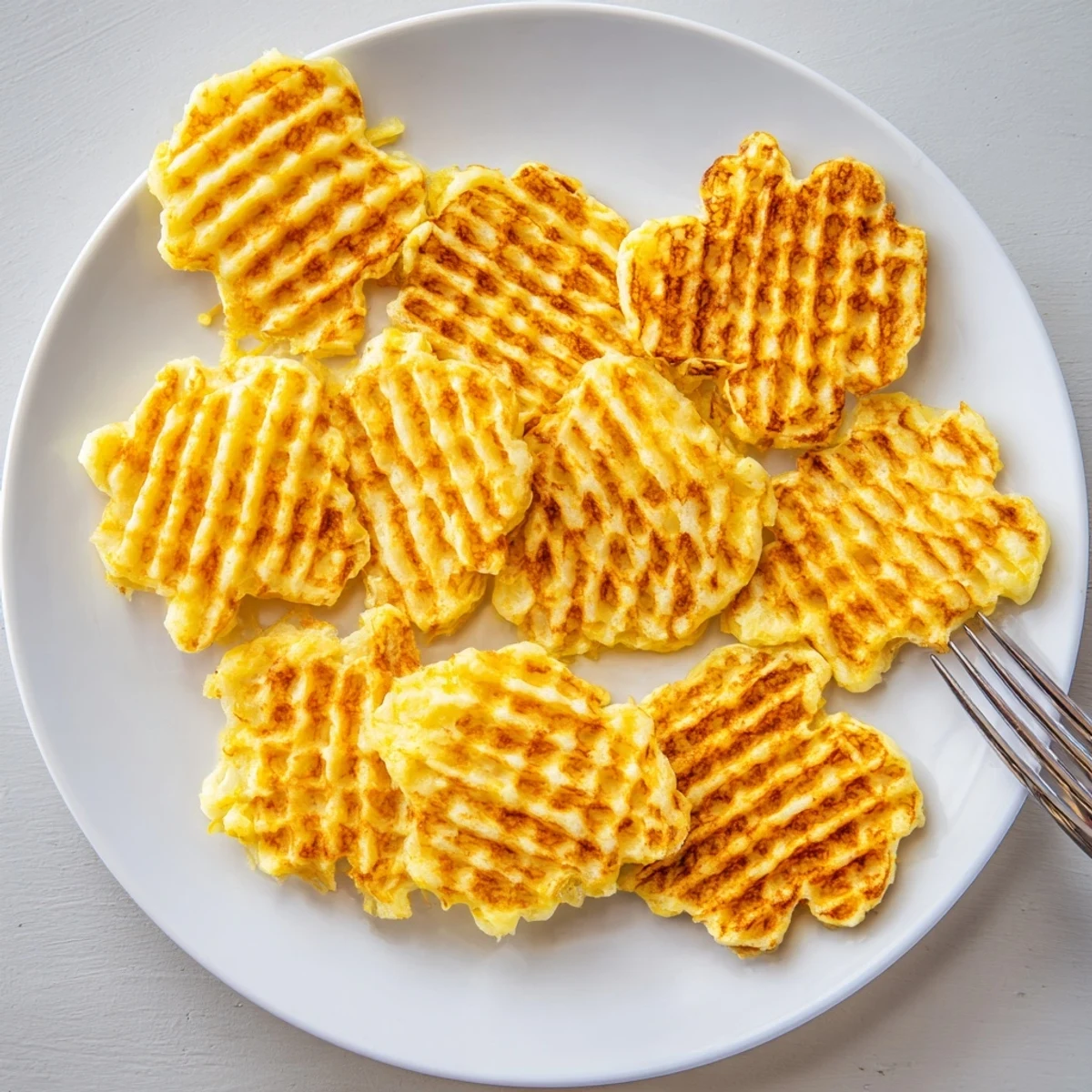 Steam rising from freshly made waffle iron hashbrowns served as a crunchy breakfast side dish