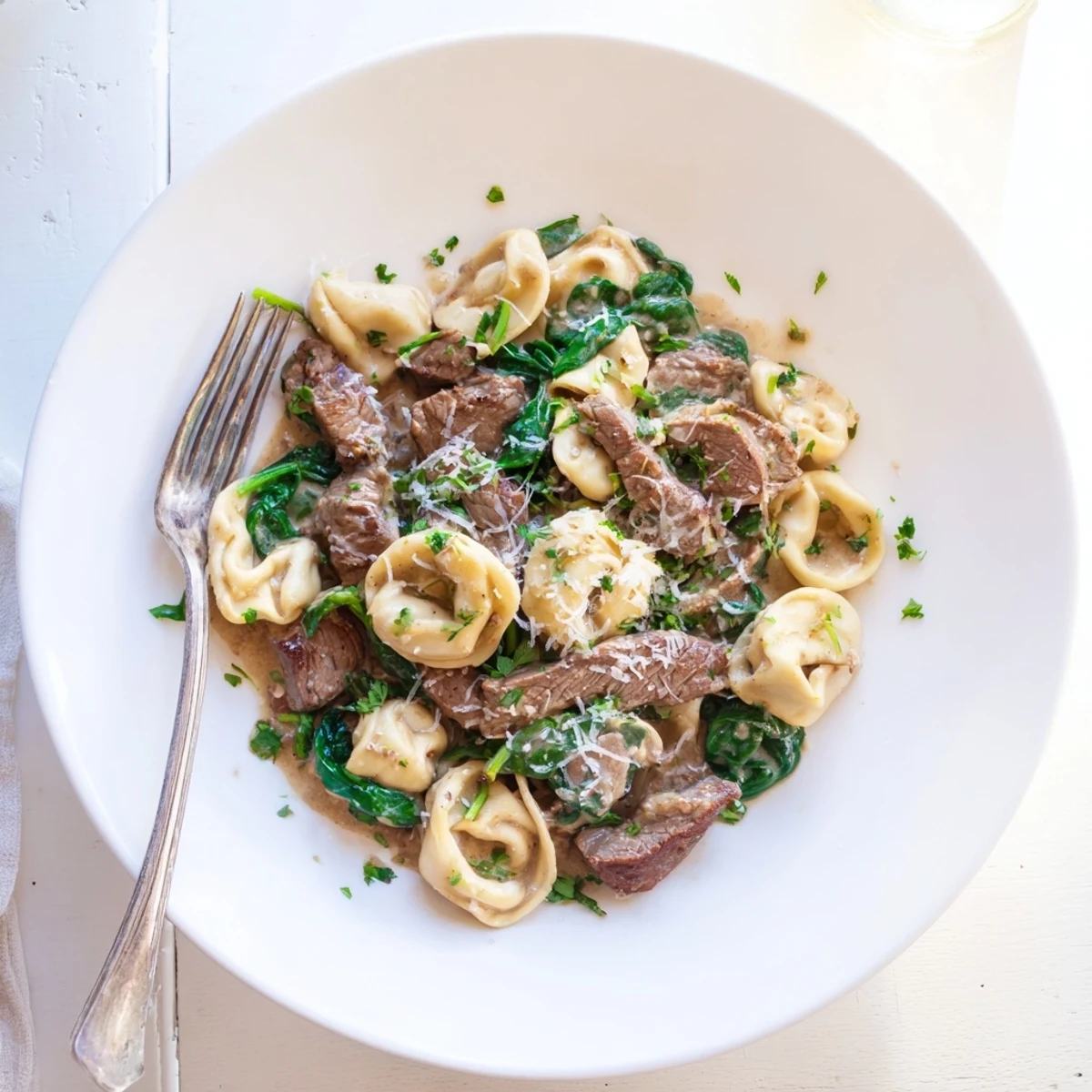 Golden garlic steak tortellini tossed in rich cream sauce with fresh spinach