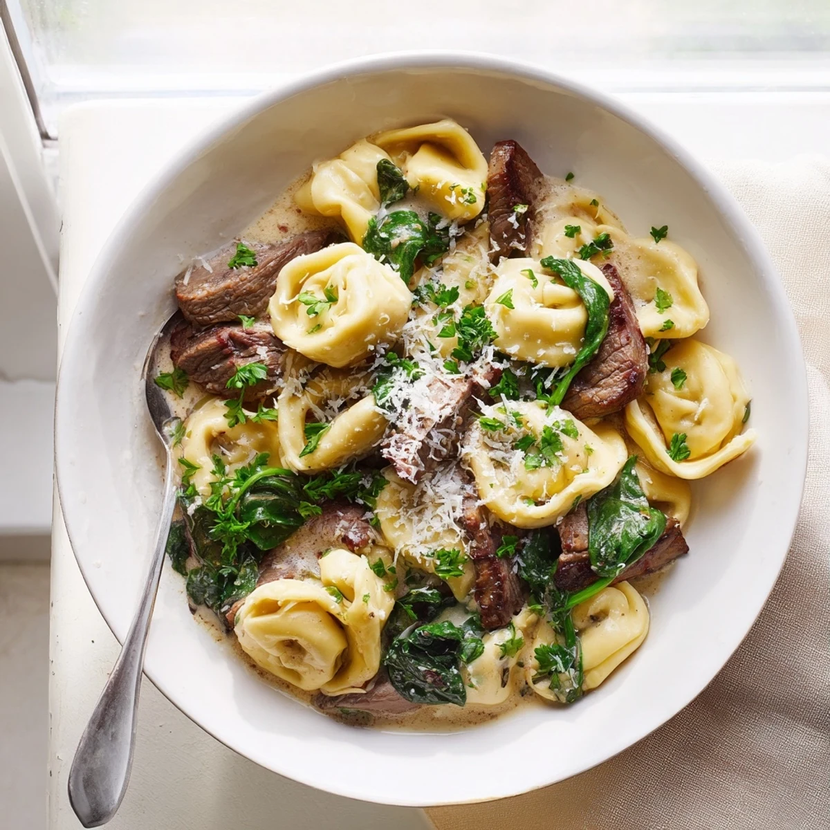 Savory sirloin strips and cheese tortellini coated in garlicky parmesan cream sauce