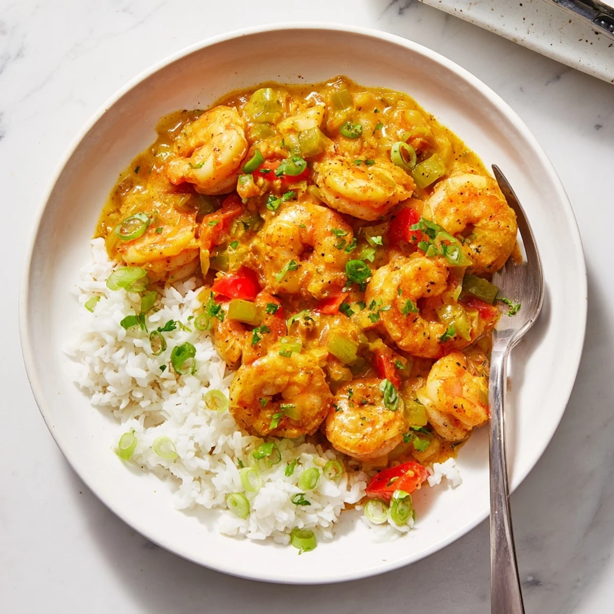 Golden shrimp étouffée simmered in rich roux sauce over fluffy white rice