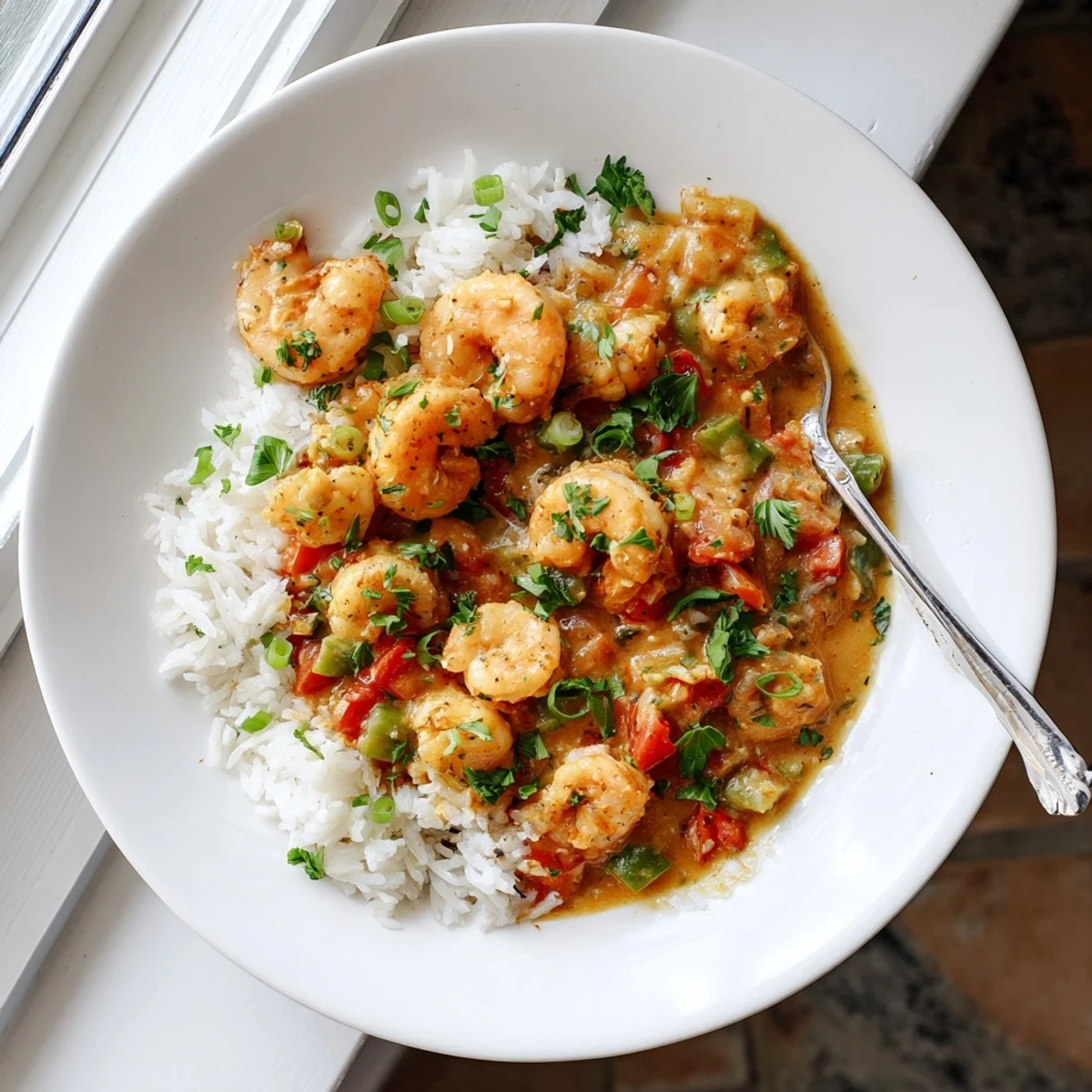 Creole shrimp étouffée with tender shrimp in spicy brown sauce and fresh herbs
