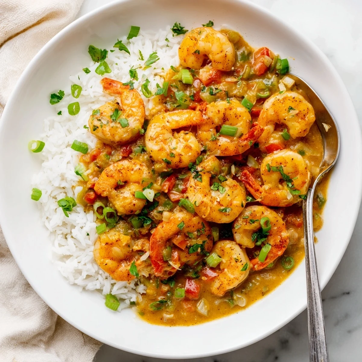 Classic Louisiana shrimp étouffée served over steaming rice with green onion garnish