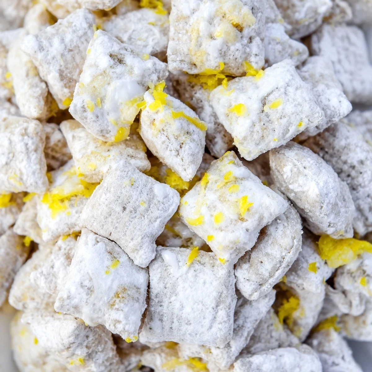 Golden lemonade puppy chow snack coated in white chocolate and bright citrus powdered sugar