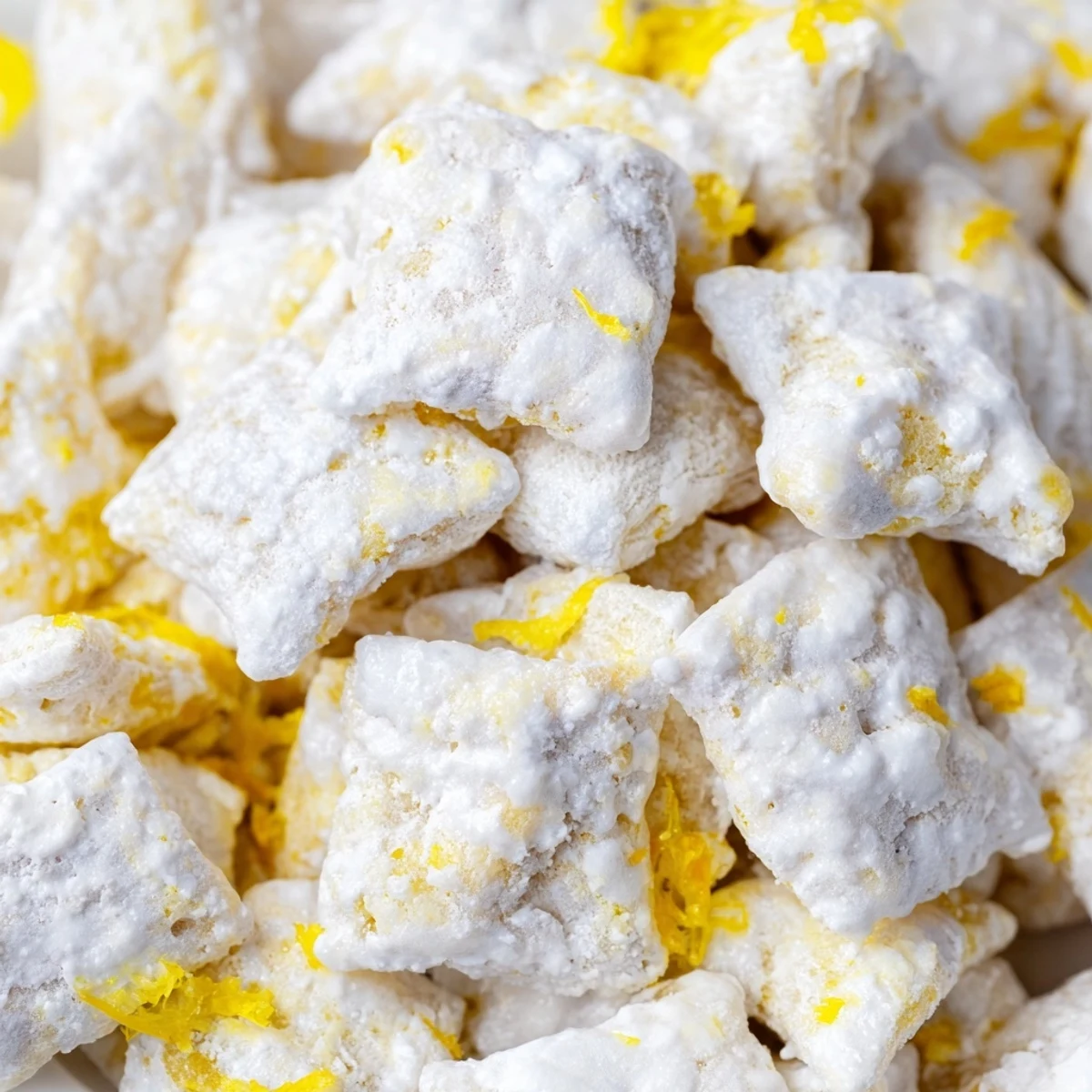 Bowl of lemonade puppy chow snack topped with lemon zest and pastel sprinkles