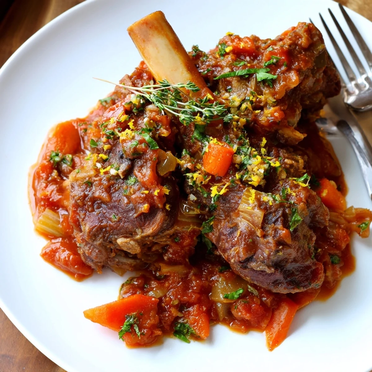 Fork tender braised veal shanks in aromatic tomato and white wine sauce served over creamy risotto or polenta