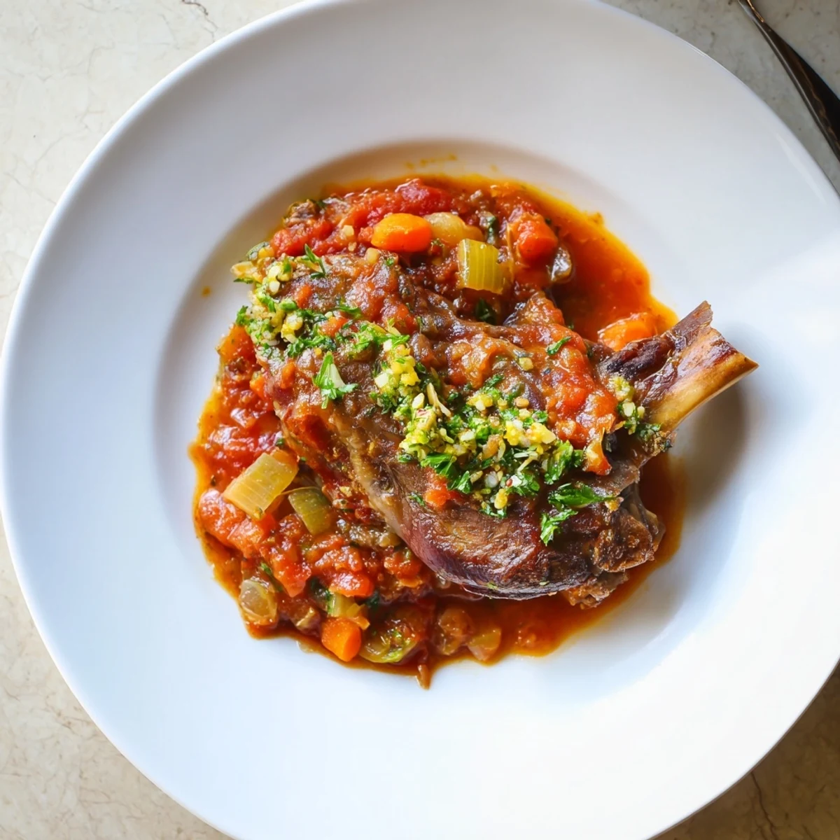 Ina Garten style Osso Buco with succulent veal nestled in savory red sauce alongside fresh gremolata topping
