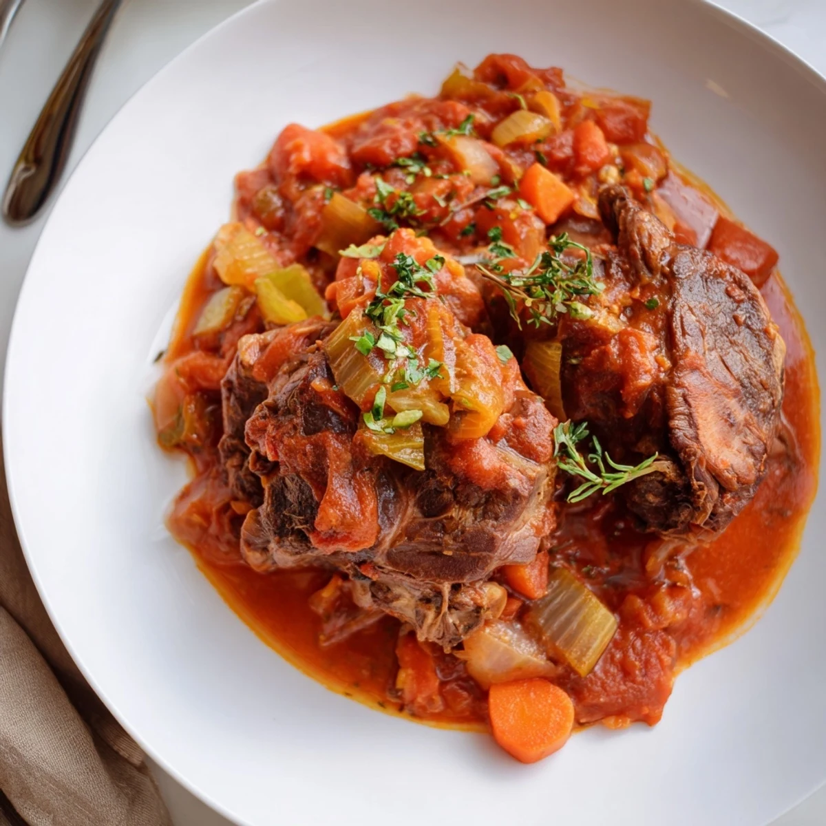 Golden brown veal shanks braised in rich tomato wine sauce with tender meat falling off the bone