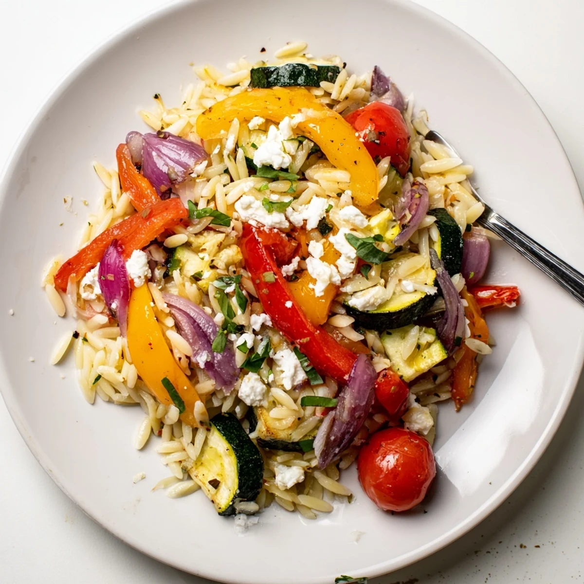 Golden bowl of tasty roasted vegetable orzo with colorful peppers, zucchini, and feta