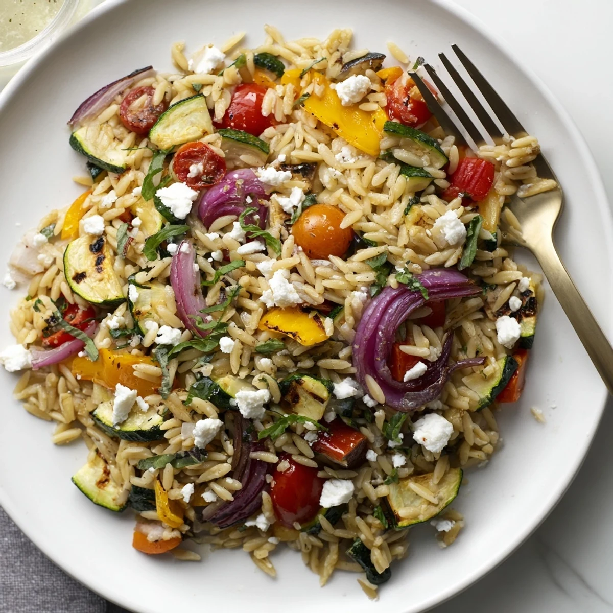 Tasty roasted vegetable orzo pasta tossed with fresh herbs and tangy lemon zest